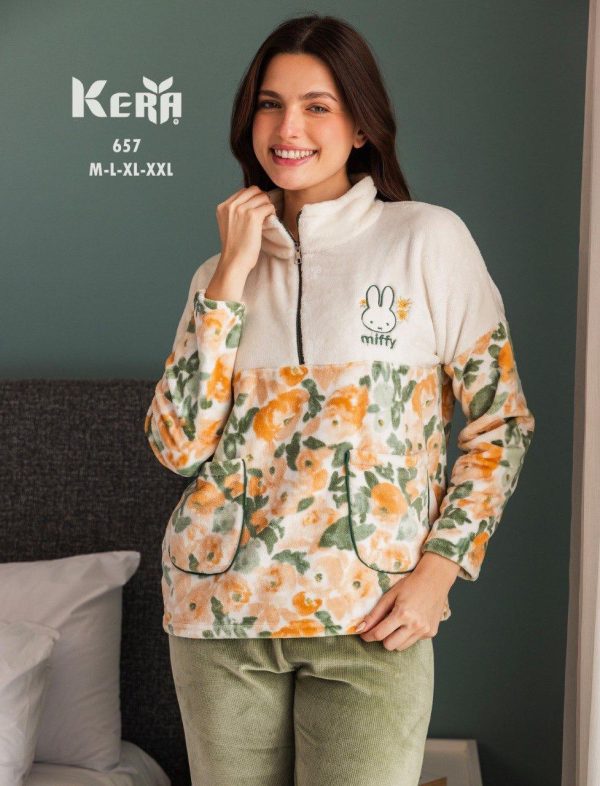 winter fleece half zip pajama with a floral print top from kera 657 MIFFY | Pyjamty