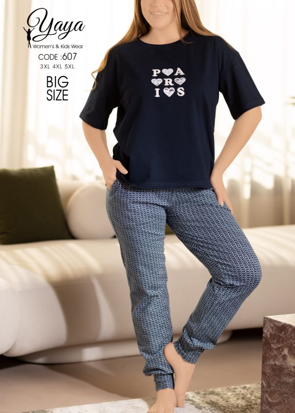 Big size short sleeve cotton pajama in a dark blue print from yaya 607 PARIS | Pyjamty