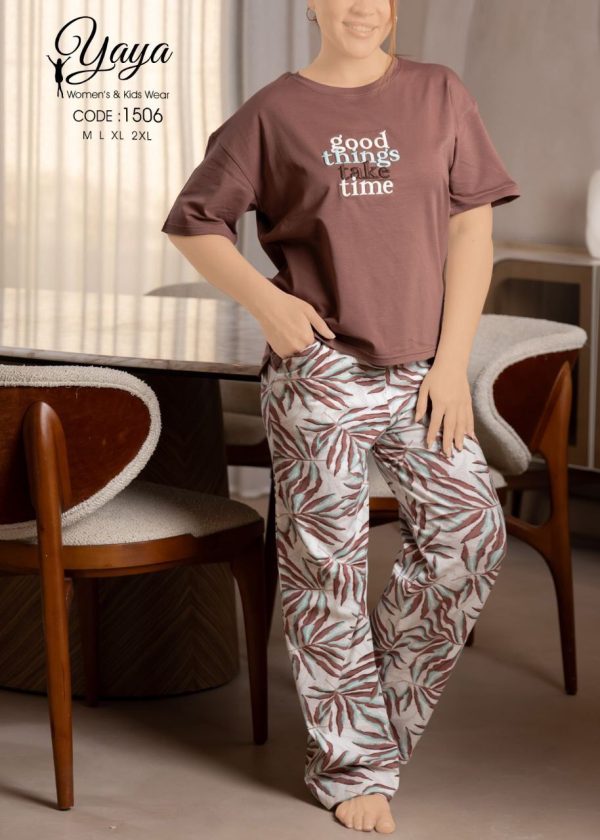 Short sleeve cotton pajama with a tropical print from yaya 1506 good things take time | Pyjamty